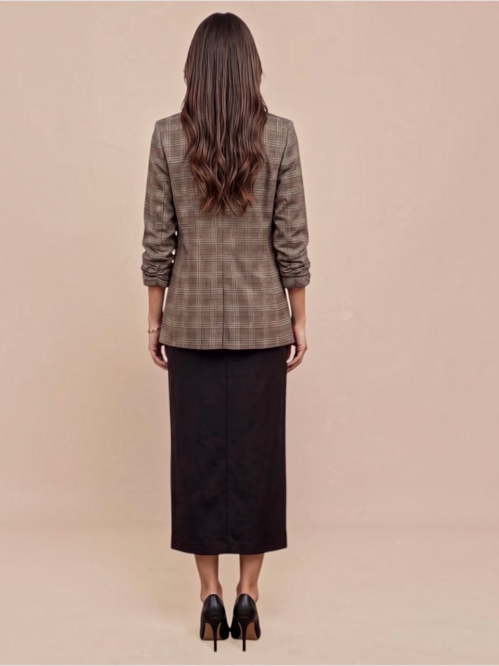 Studio Brown Plaid 3/4 Sleeve Ruched Blazer Sm Med Lg - Picture 3 of 16